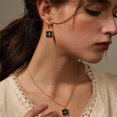 14k Gold Black Enamel Square Cross Pendant Necklace Black