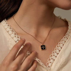14k Gold Black Enamel Square Cross Pendant Necklace Black