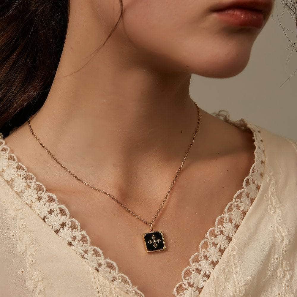 14k Gold Black Enamel Square Cross Pendant Necklace Black