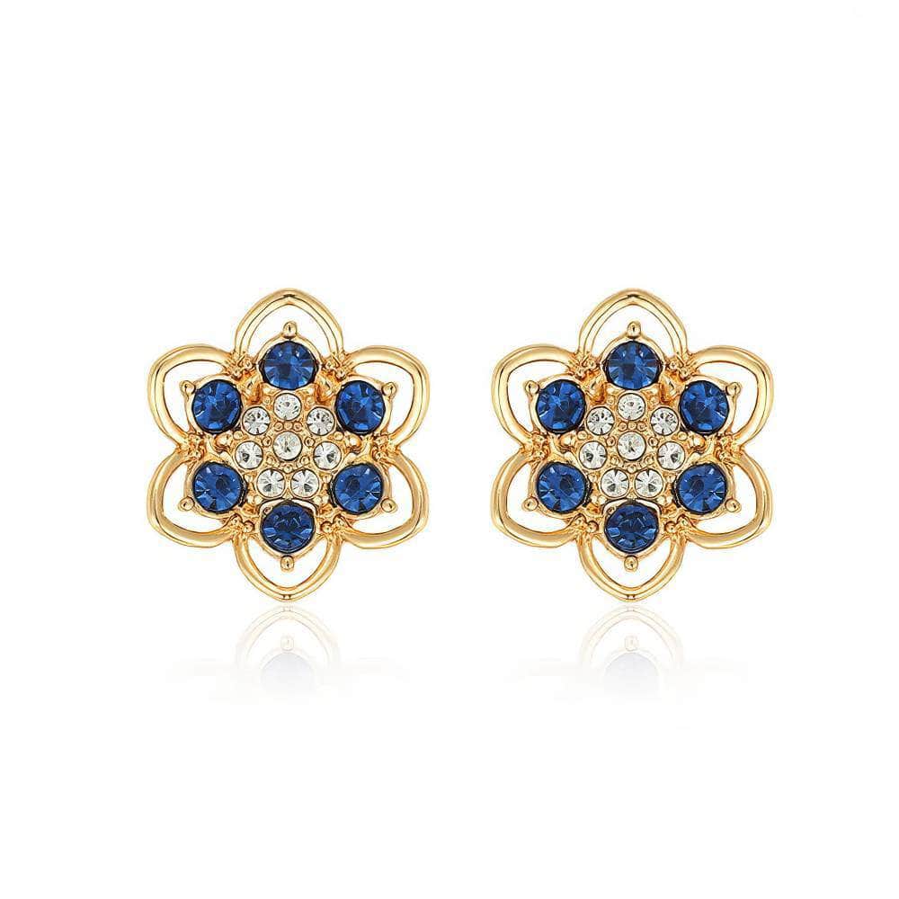 14K Gold Blue Sapphire Floral Stud Earrings Blue / Clip On