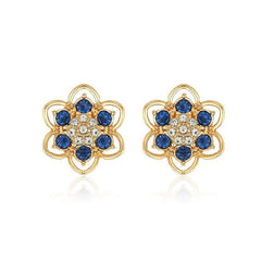 14K Gold Blue Sapphire Floral Stud Earrings Blue / Clip On
