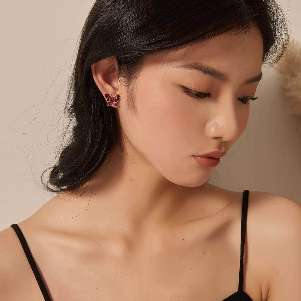 14k Gold Butterfly Deco Stud Earrings DarkRed