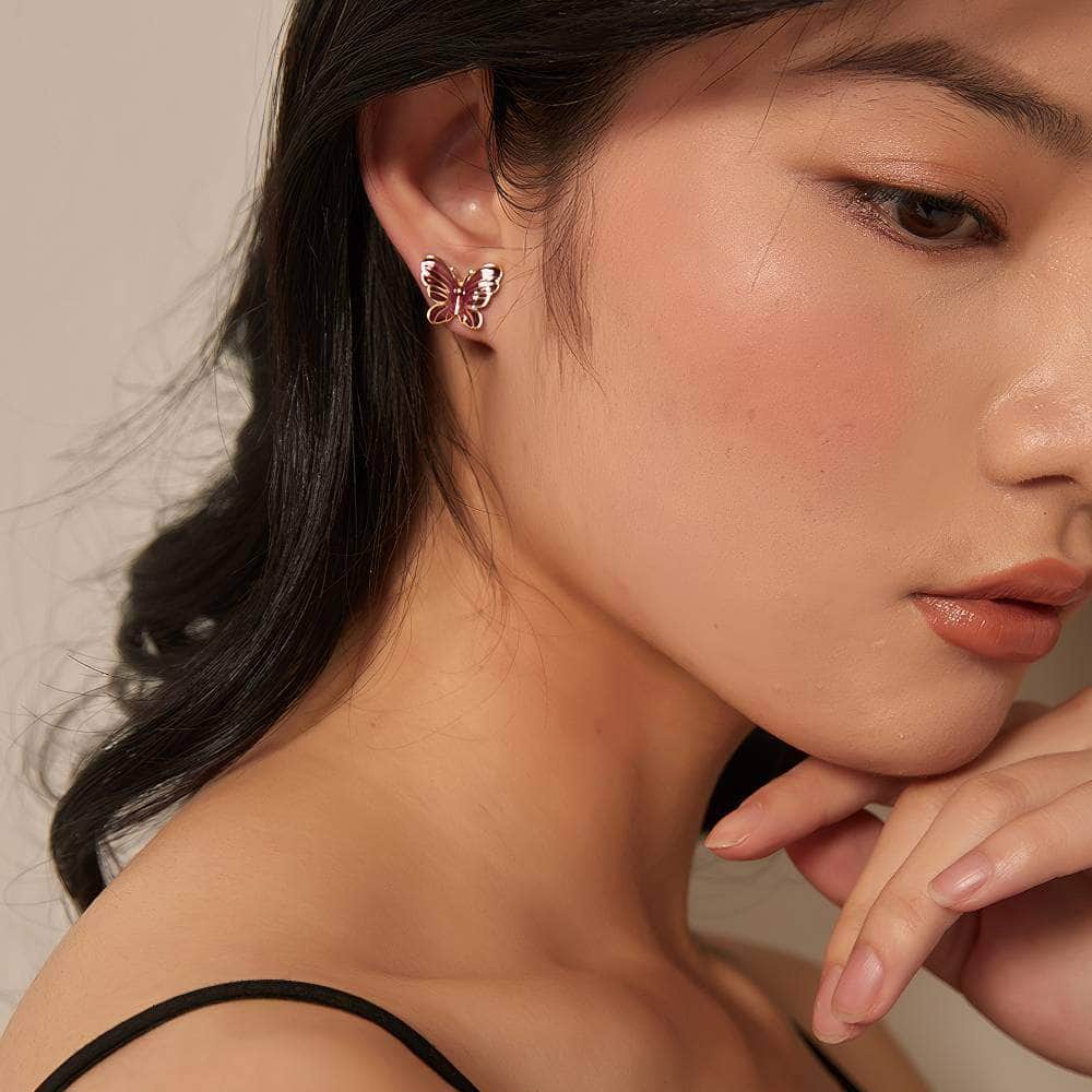 14k Gold Butterfly Deco Stud Earrings DarkRed