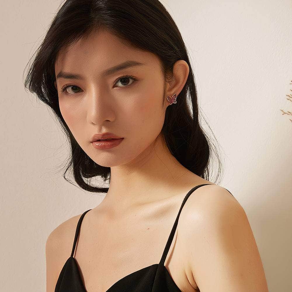 14k Gold Butterfly Deco Stud Earrings DarkRed