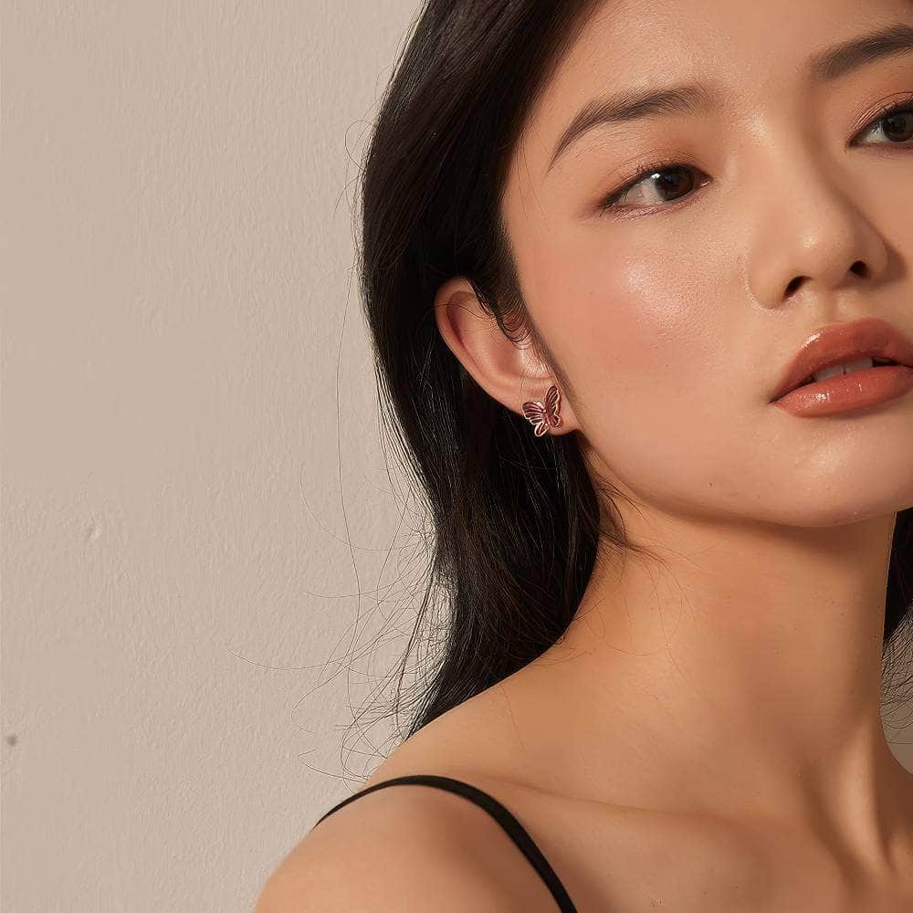 14k Gold Butterfly Deco Stud Earrings DarkRed