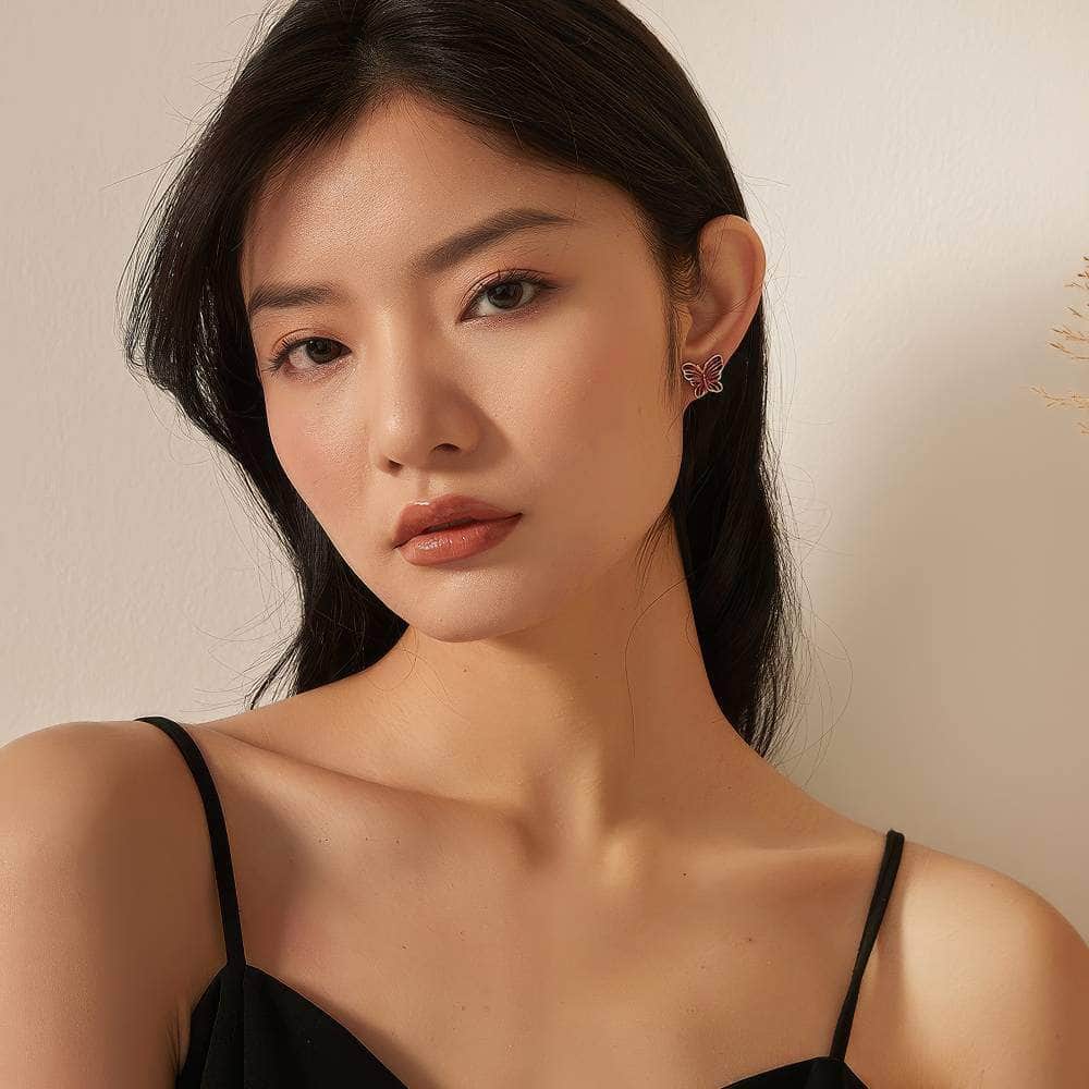 14k Gold Butterfly Deco Stud Earrings DarkRed