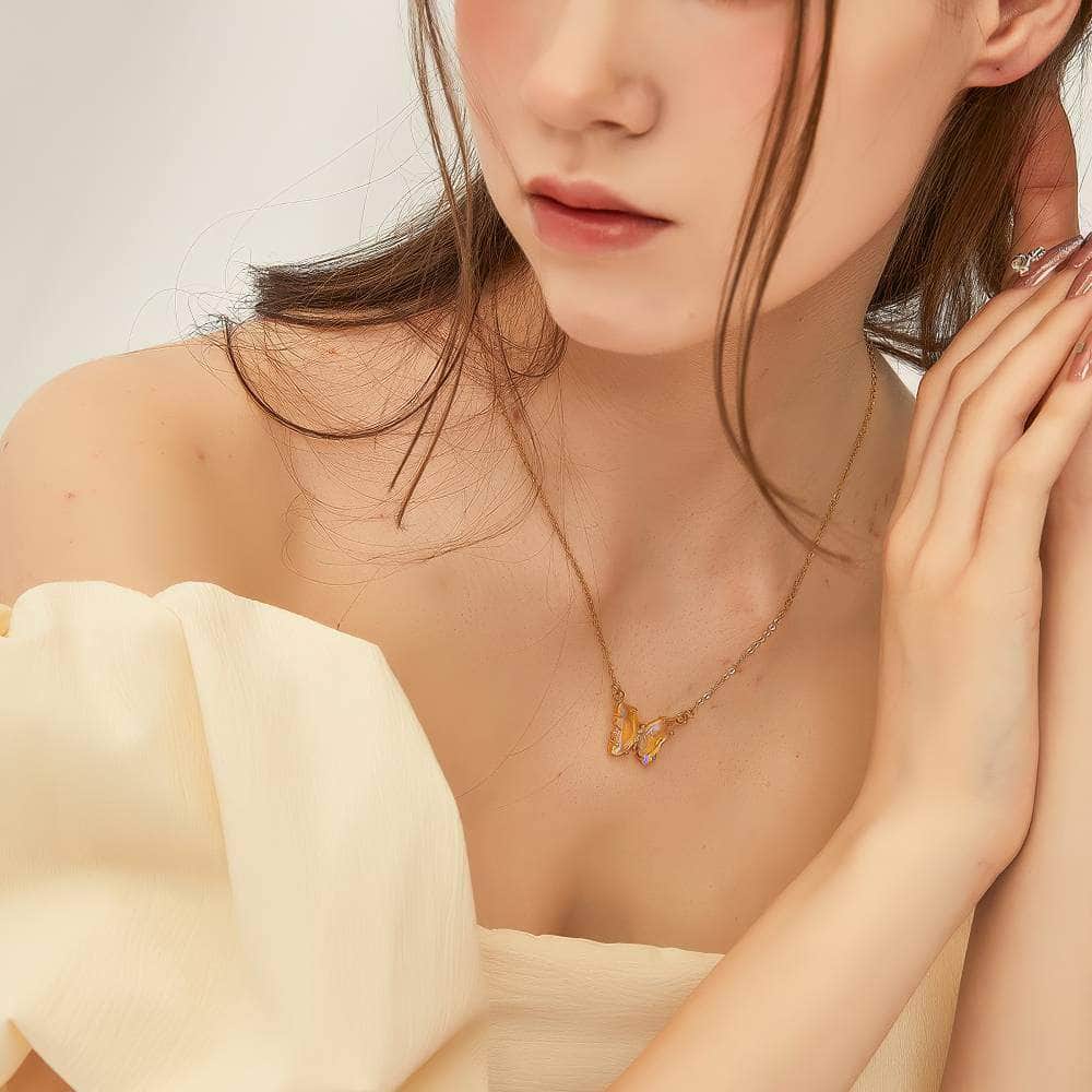 14K Gold Butterfly Moonstone Enamel Necklace Gold