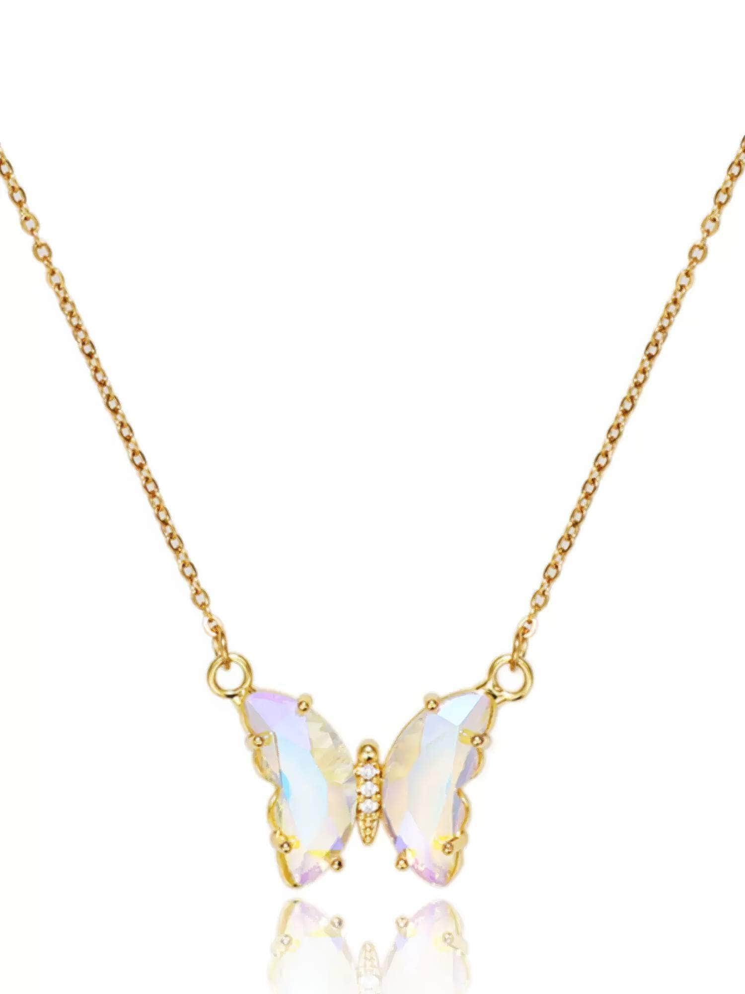 14K Gold Butterfly Moonstone Enamel Necklace Gold