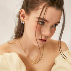 14K Gold Butterfly Moonstone Enamel Necklace Gold