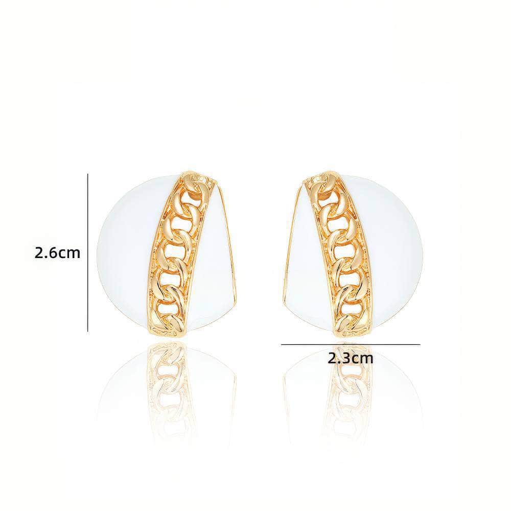 14K Gold Chain Detailed Enamel Statement Earrings White