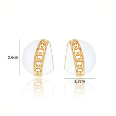 14K Gold Chain Detailed Enamel Statement Earrings White