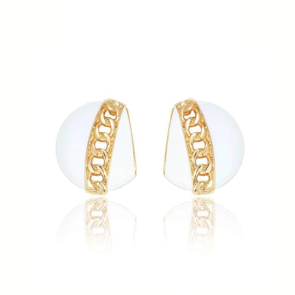 14K Gold Chain Detailed Enamel Statement Earrings White