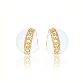 14K Gold Chain Detailed Enamel Statement Earrings White