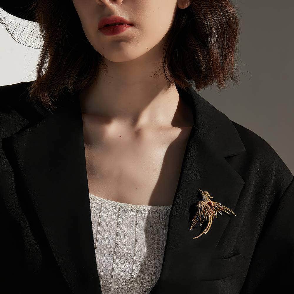 14K Gold Colorful Crystal Phoenix Bird Brooch Multicolor