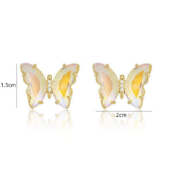 14K Gold Crystal Rhinestone Butterfly Stud Earrings White / Clip On