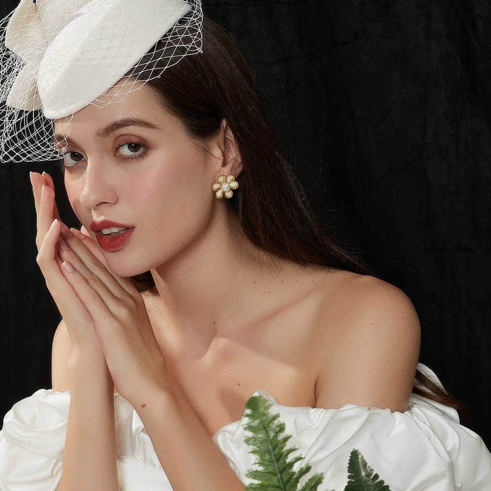 14k Gold Daisy Pearl Embellished Stud Earrings