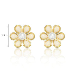 14k Gold Daisy Pearl Embellished Stud Earrings