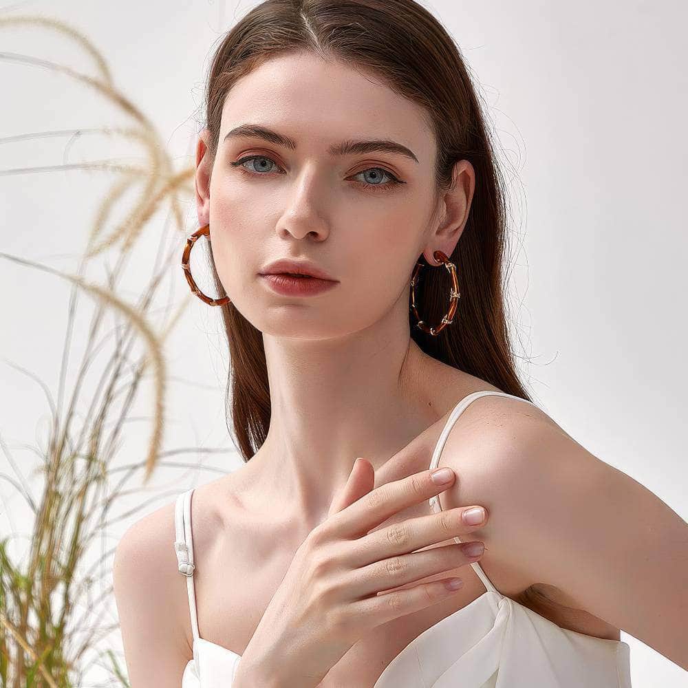 14K Gold Detailed Bamboo Hoop Earrings Brown