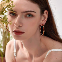 14K Gold Detailed Bamboo Hoop Earrings Brown