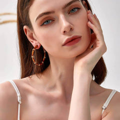 14K Gold Detailed Bamboo Hoop Earrings Brown