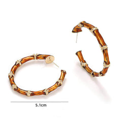 14K Gold Detailed Bamboo Hoop Earrings Brown