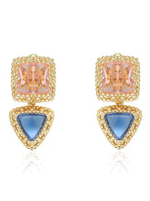 14K Gold Detailed Two-Toned Gemstone Earrings Blue / Clip On