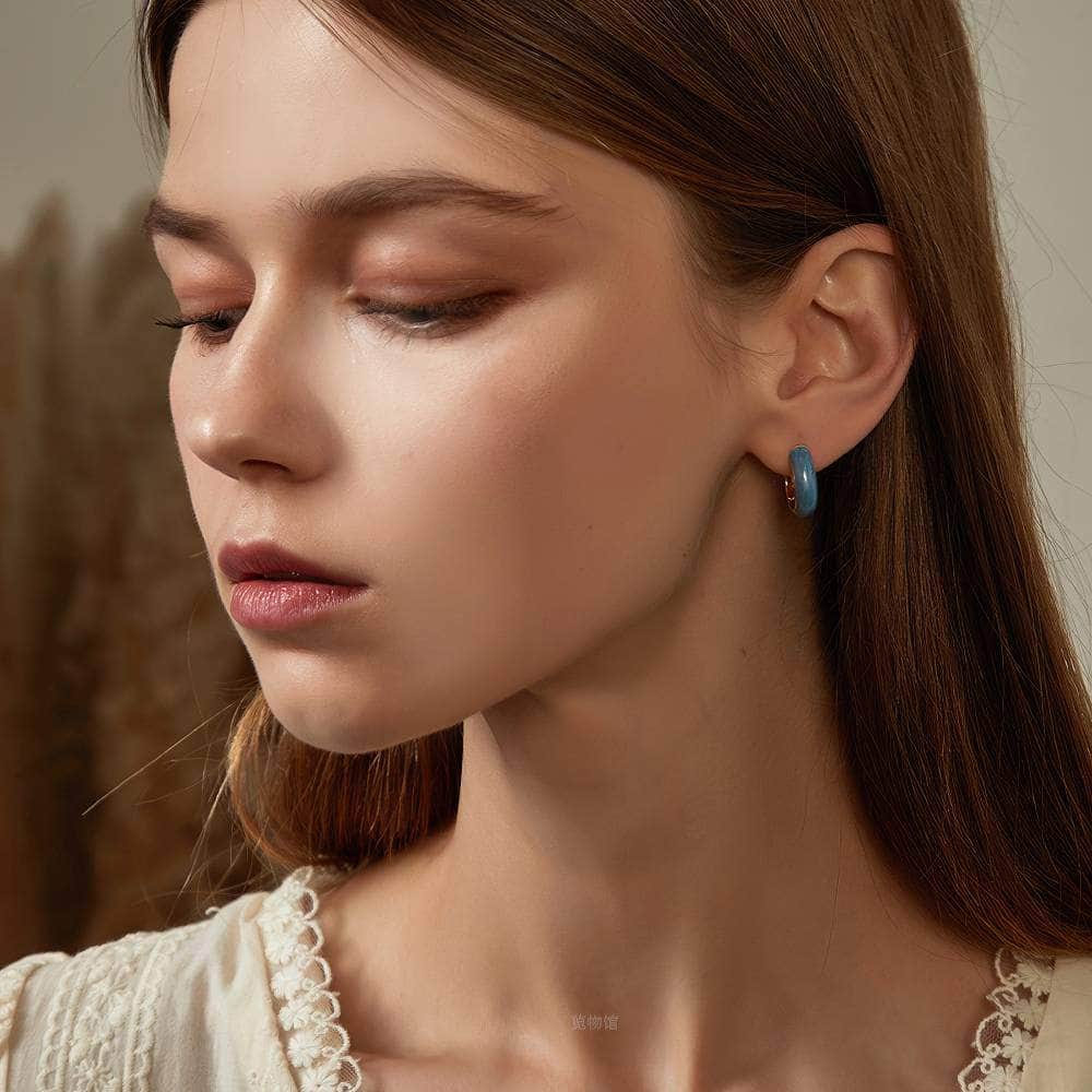 14K Gold Dipped Enamel Hoop Earrings Blue / Clip On