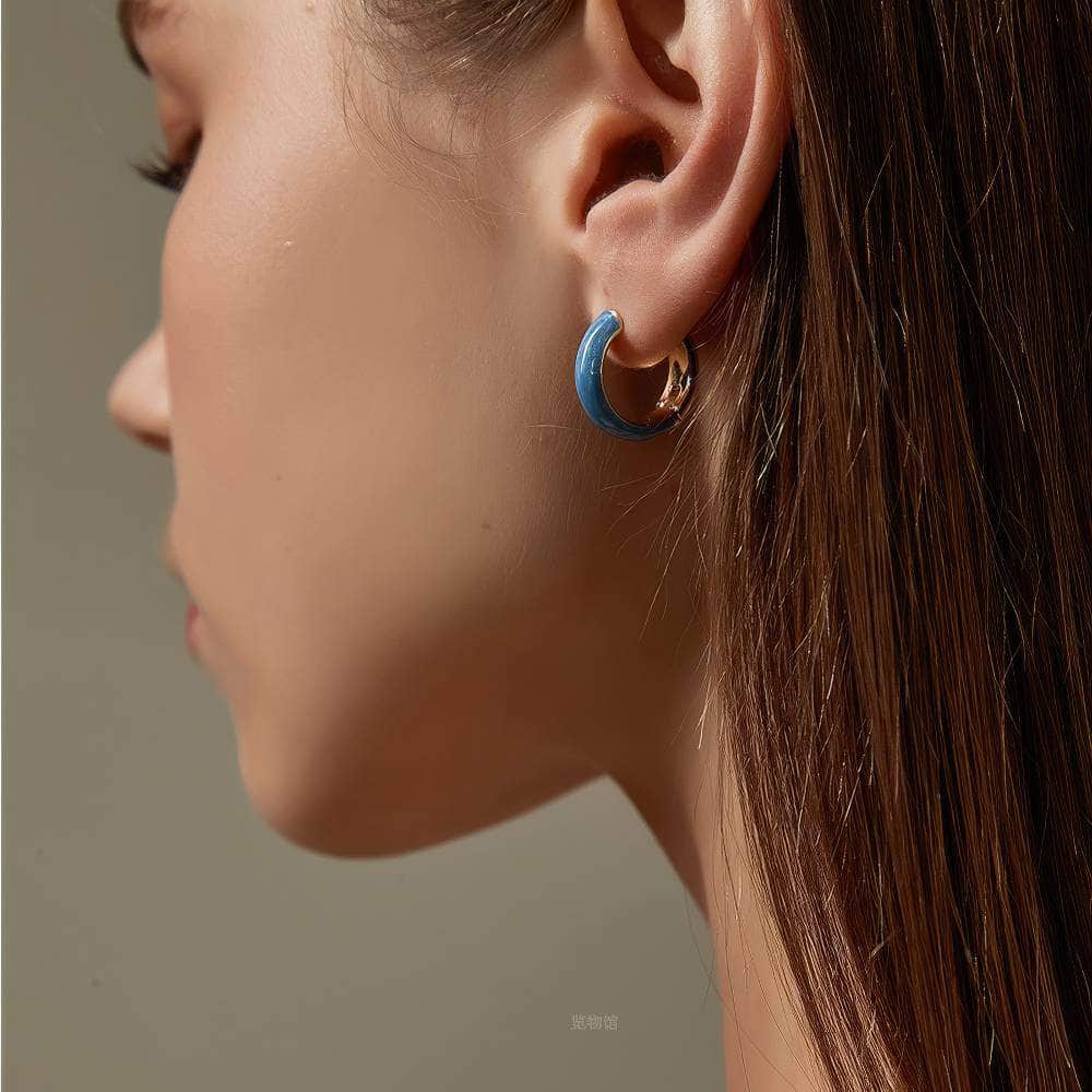 14K Gold Dipped Enamel Hoop Earrings Blue / Clip On
