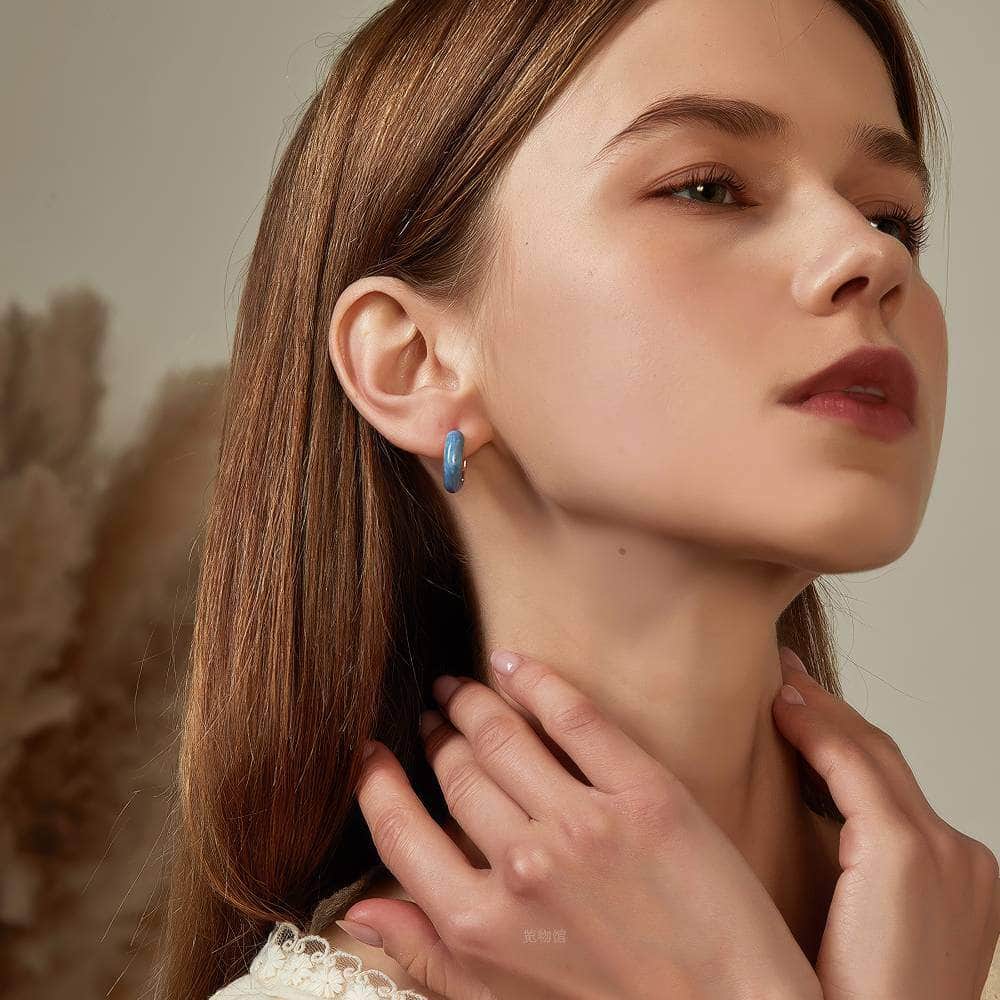 14K Gold Dipped Enamel Hoop Earrings Blue / Clip On