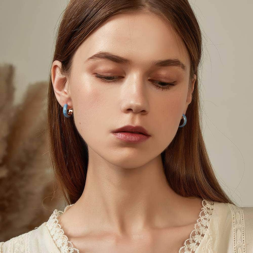 14K Gold Dipped Enamel Hoop Earrings Blue / Clip On