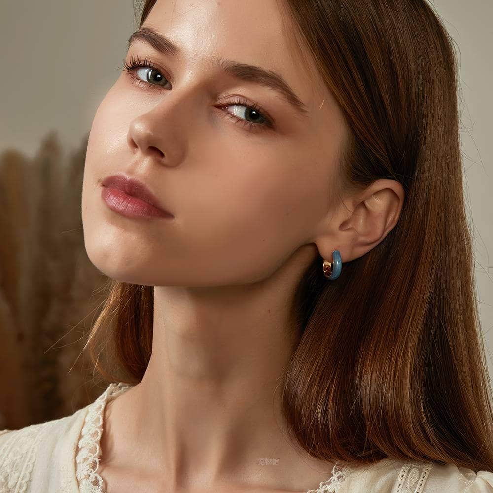 14K Gold Dipped Enamel Hoop Earrings Blue / Clip On