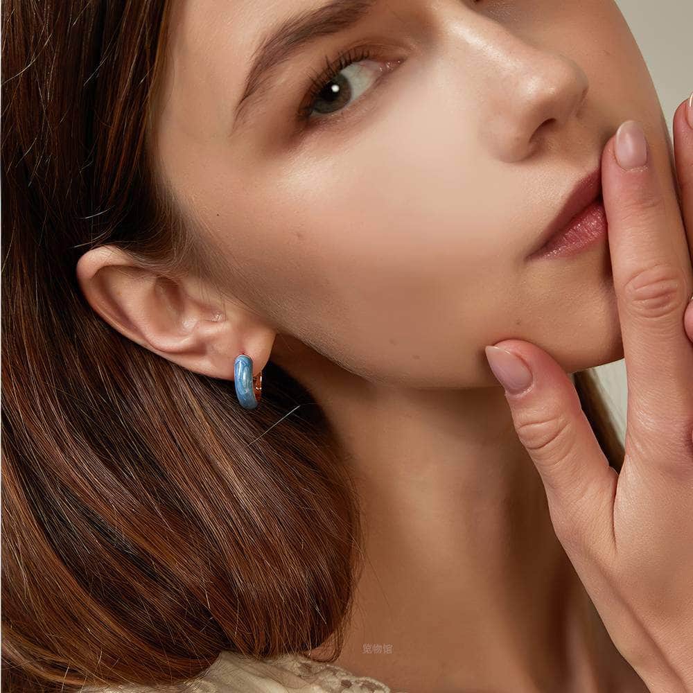 14K Gold Dipped Enamel Hoop Earrings Blue / Clip On