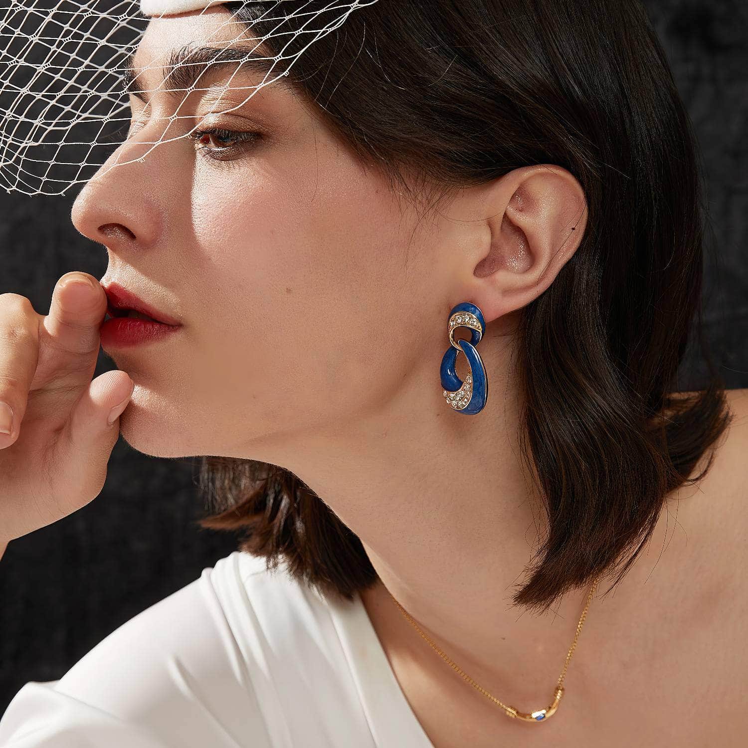 14k Gold Door Knocker Crystal Paved Dangle Earrings Blue