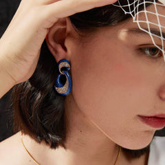 14k Gold Door Knocker Crystal Paved Dangle Earrings Blue