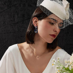 14k Gold Door Knocker Crystal Paved Dangle Earrings Blue