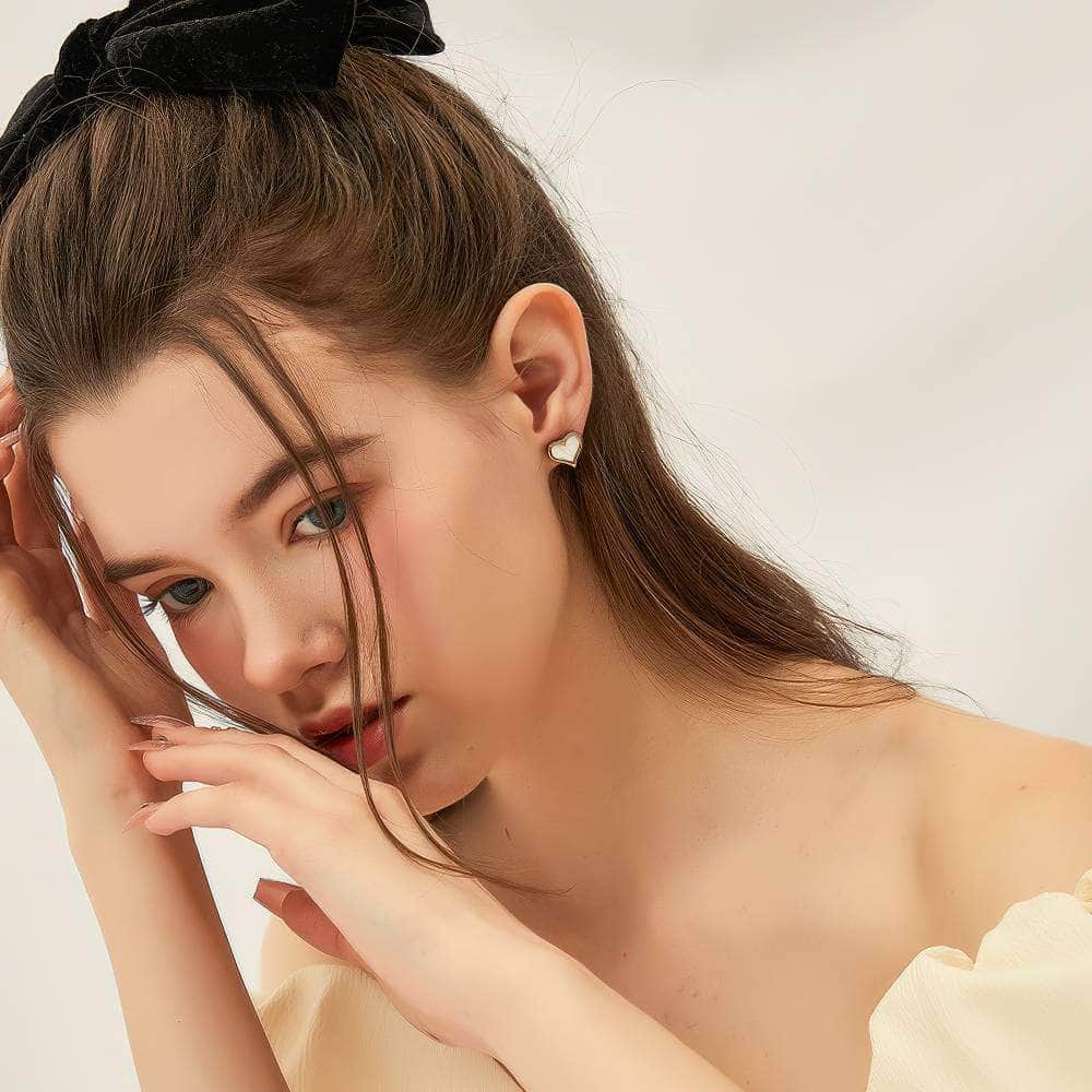14K Gold Enamel Heart-Shaped Stud Earrings Gold / Clip On