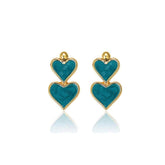 14K Gold Enamel Layered Heart-Shaped Dangle Earrings Blue / Clip On