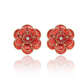 14k Gold Floral Deco Paved Crystal Statement Stud Earrings Red / Clip On