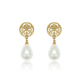 14k Gold Floral Deco Pearl Drop Earrings White / Clip On