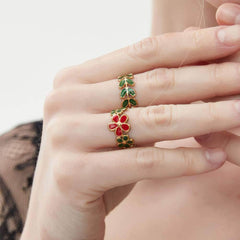 14k Gold Four-Set Floral Leaf Enamel Cuff Ring Adjustable / Multicolor