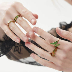 14k Gold Four-Set Floral Leaf Enamel Cuff Ring Adjustable / Multicolor