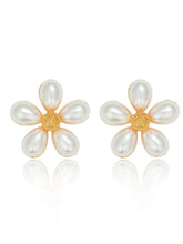 14k Gold Honeycomb Floral Shaped Stud Earrings White / Clip On