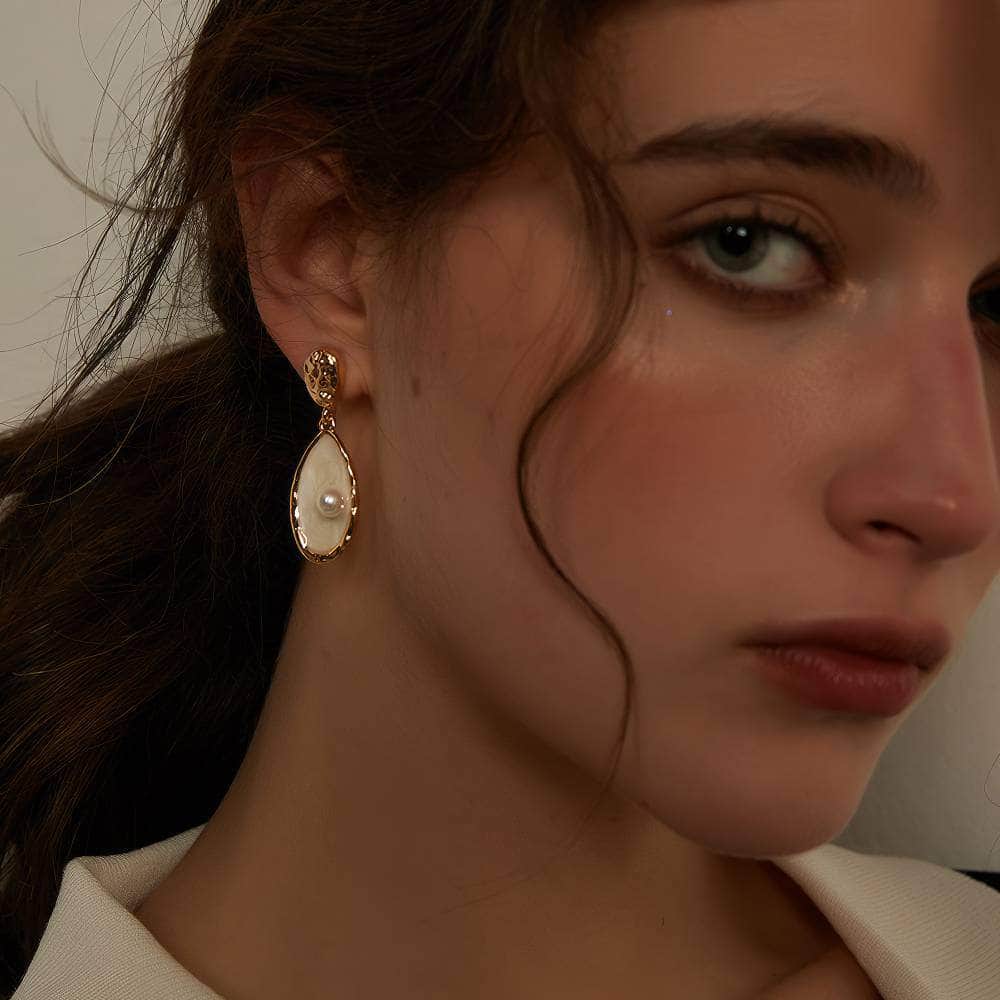 14K Gold Irregular Pearl Shell Dangle Stud Earrings