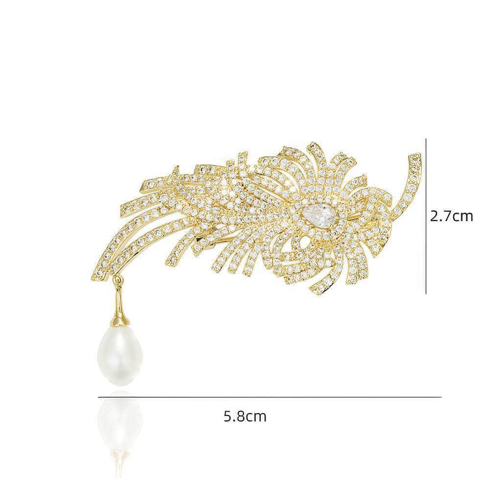 14k Gold Leaf Decor Paved Crystal Pearly Brooch White