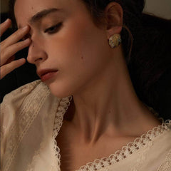 14k Gold Leaf Decor Studded Earrings