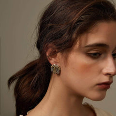 14k Gold Leaf Decor Studded Earrings