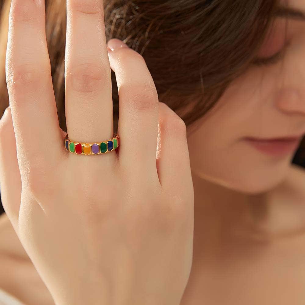 14k Gold Multistone Enamel Cuff Ring Adjustable / Multicolor