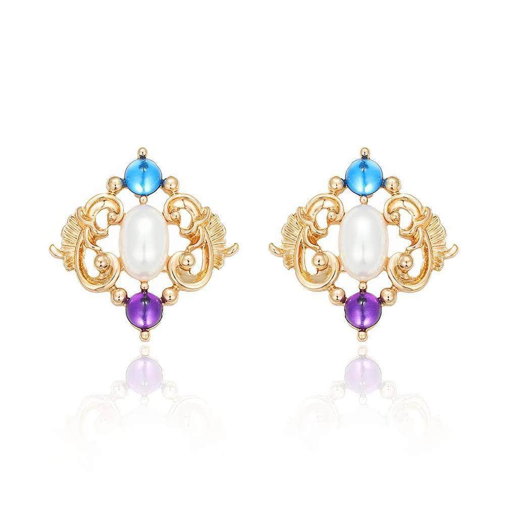 14k Gold Multistone Pearl Deco Vintage Earrings Multicolor / Clip On