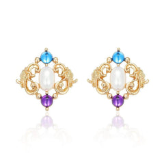 14k Gold Multistone Pearl Deco Vintage Earrings Multicolor / Clip On