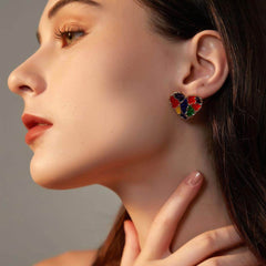 14K Gold Multistone Vintage Enamel Heart Statement Earrings